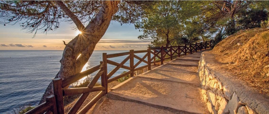 Sentier côtier baigné de soleil avec rambardes rustiques en bois surplombant la Méditerranée près de La Fustera, Benissa.