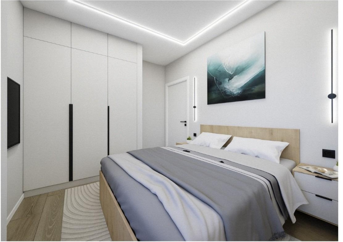 Bright modern bedroom with sleek storage and stylish decor in elevated 2-bedroom penthouse near Playa El Acequión, Torrevieja