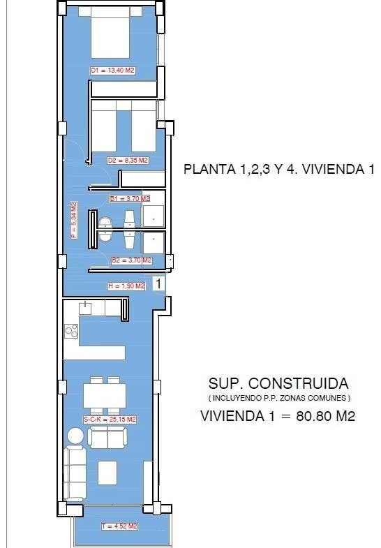 Spacious modern 2-bedroom apartment floor plan with open living space in luxury new build near Playa El Acequión, Torrevieja