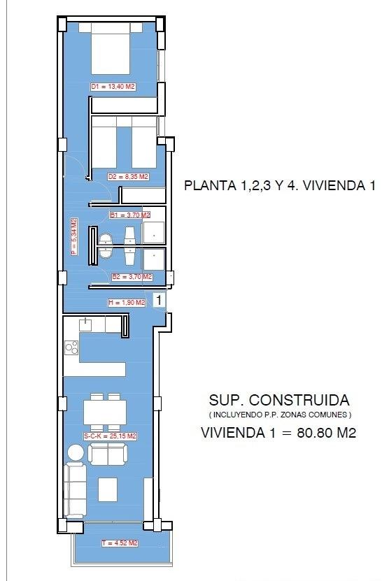 Spacious modern 2-bedroom apartment floor plan with open living space in luxury new build near Playa El Acequión, Torrevieja