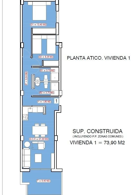 Spacious floor plan of an elevated 2-bedroom penthouse with open living area and solarium in Torrevieja near Playa El Acequión