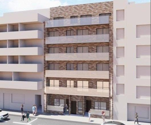 Modern new build 2-bedroom apartment exterior in Torrevieja with sleek balconies and a stylish brick facade near Playa El Acequión.