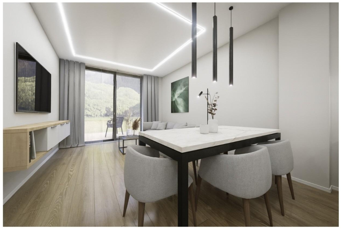 Bright modern dining area with sleek furnishings and large sliding doors in a 2-bedroom apartment near Playa El Acequión, Torrevieja