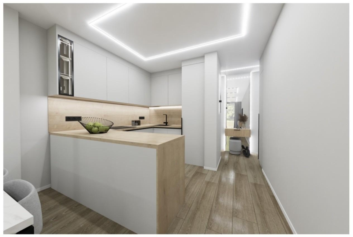 Bright modern kitchen with sleek cabinetry and wood accents in 2-bedroom new build apartment near Playa El Acequión, Torrevieja