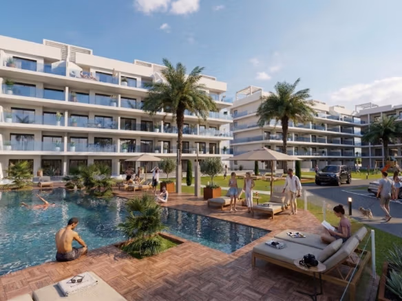 Sun-drenched modern Neubauwohnung complex in El Raso, Guardamar del Segura featuring a spacious pool und landscaped terrace areas.