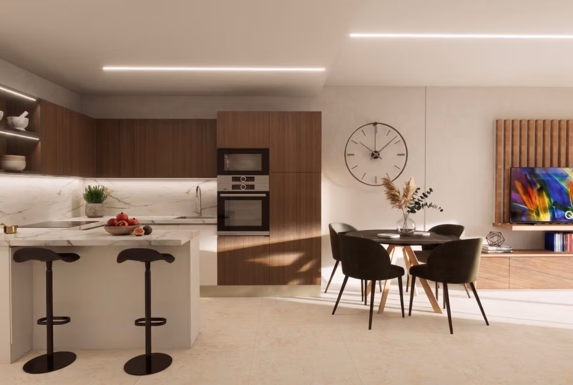 Modern-Furnished-Apartments-in-El-Raso-Guardamar-Contemporary-Living-Near-the-Beach-and-Golf-3 Bright modern open-plan kitchen and dining area in a fully furnished 3-bedroom ground floor apartment in El Raso, Guardamar del Segura.