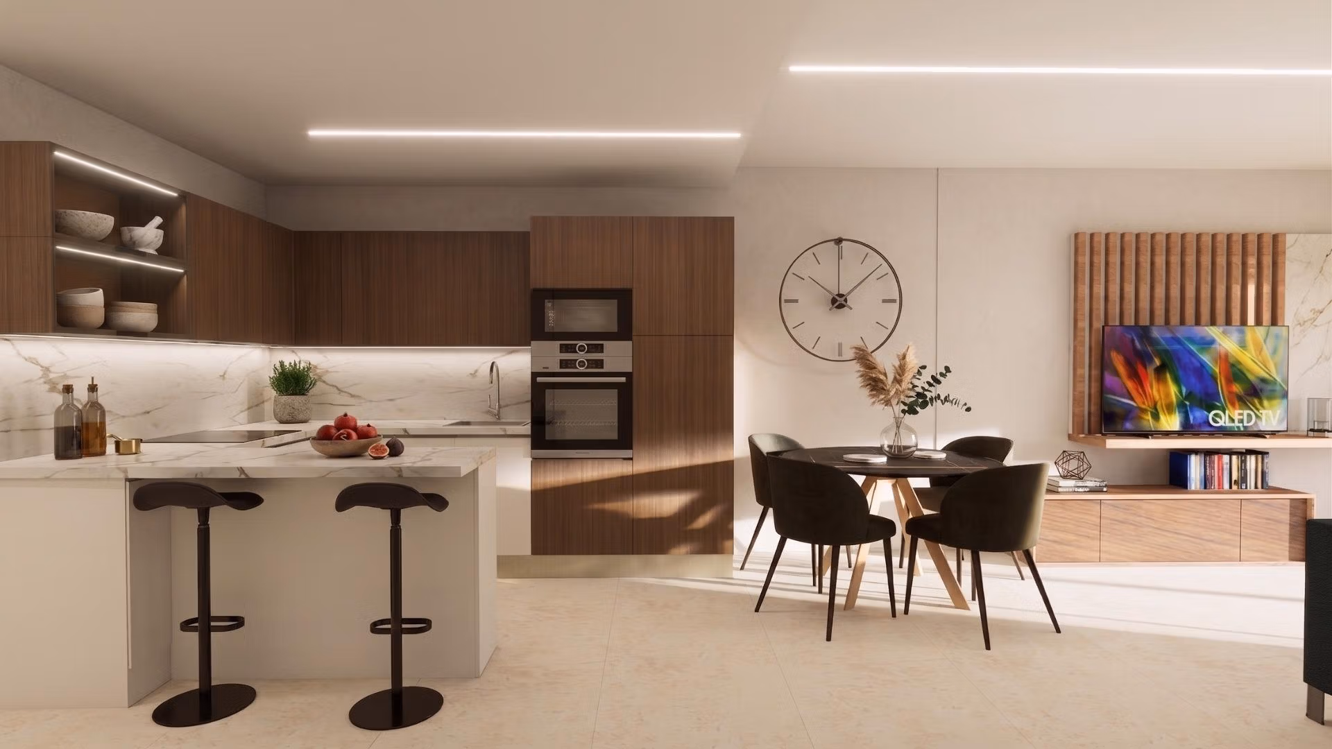 Modern-Furnished-Apartments-in-El-Raso-Guardamar-Contemporary-Living-Near-the-Beach-and-Golf-3 Bright modern open-plan kitchen and dining area in a fully furnished 3-bedroom ground floor apartment in El Raso, Guardamar del Segura.