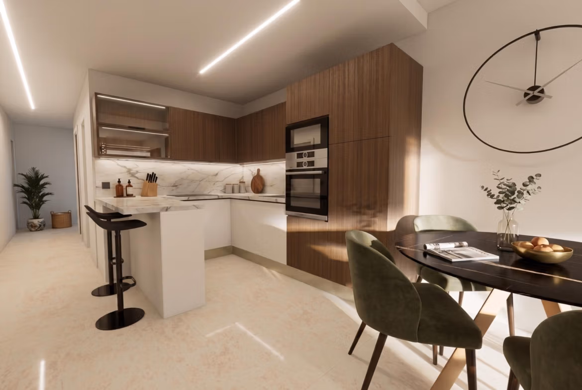 Modern-Furnished-Apartments-in-El-Raso-Guardamar-Contemporary-Living-Near-the-Beach-and-Golf-5 Modern fully furnished kitchen and dining area in luxury 3-bedroom ground floor apartment with garden in El Raso, Guardamar del Segura.