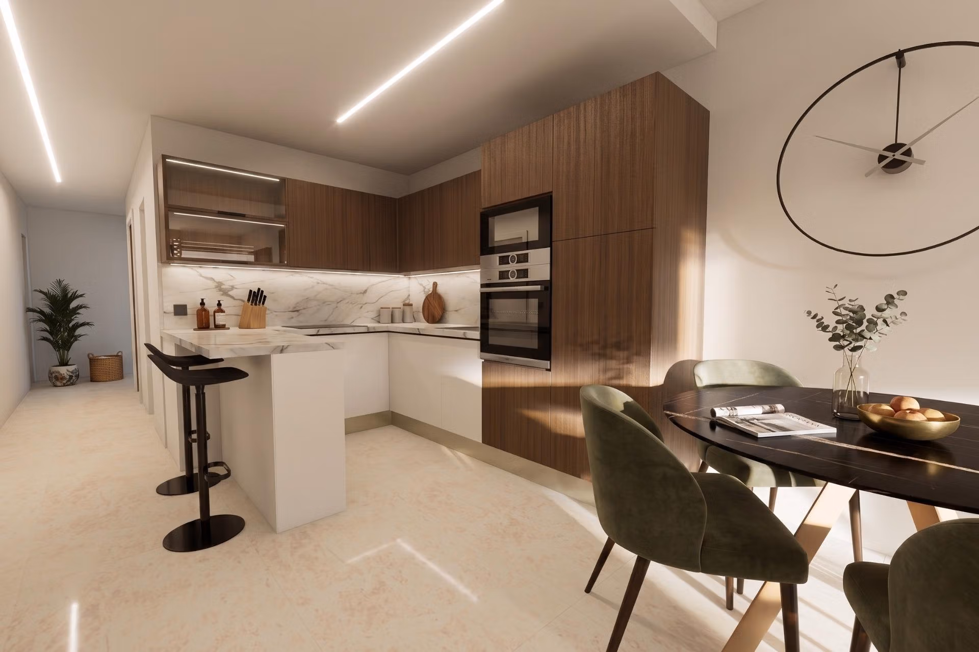 Modern-Furnished-Apartments-in-El-Raso-Guardamar-Contemporary-Living-Near-the-Beach-and-Golf-5 Modern fully furnished kitchen and dining area in luxury 3-bedroom ground floor apartment with garden in El Raso, Guardamar del Segura.