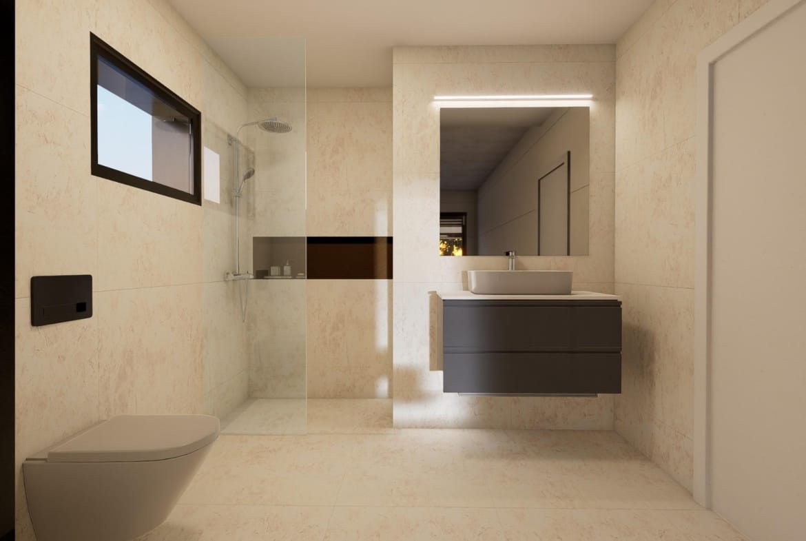 Modern bright bathroom with sleek fixtures and walk-in shower in a new 2-bedroom apartment in El Raso, Guardamar del Segura.