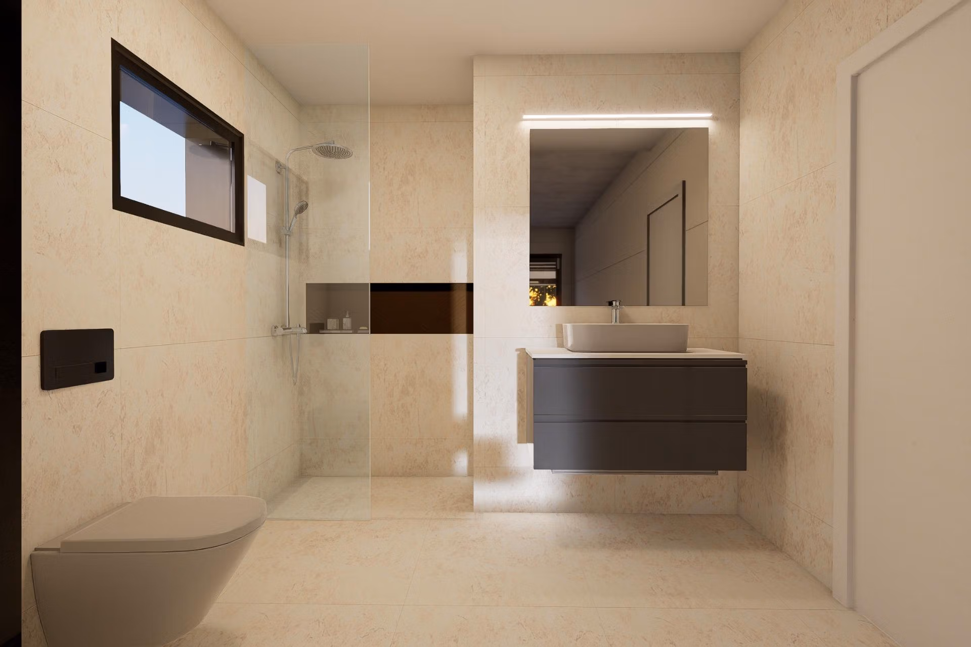 Modern-Furnished-Apartments-in-El-Raso-Guardamar-Contemporary-Living-Near-the-Beach-and-Golf-6 Modern, bright bathroom with sleek fixtures and walk-in shower in a fully furnished 3-bedroom ground floor apartment in El Raso, Guardamar del Segura.