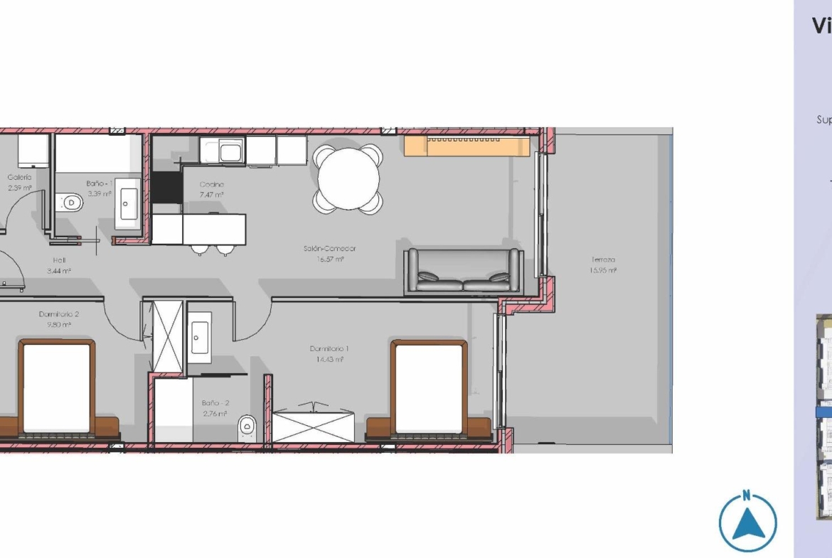 Bright, modern 2-bedroom apartment floor plan with spacious terrace in luxury new build at El Raso, Guardamar del Segura