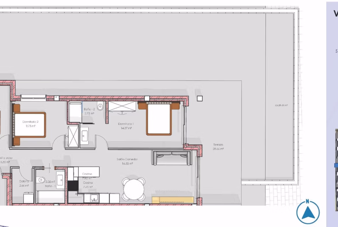 Modern-Furnished-Apartments-in-El-Raso-Guardamar-Contemporary-Living-Near-the-Beach-and-Golf-7 Spacious floor plan of a modern 3-bedroom ground floor apartment with large terrace and garden in El Raso, Guardamar del Segura.
