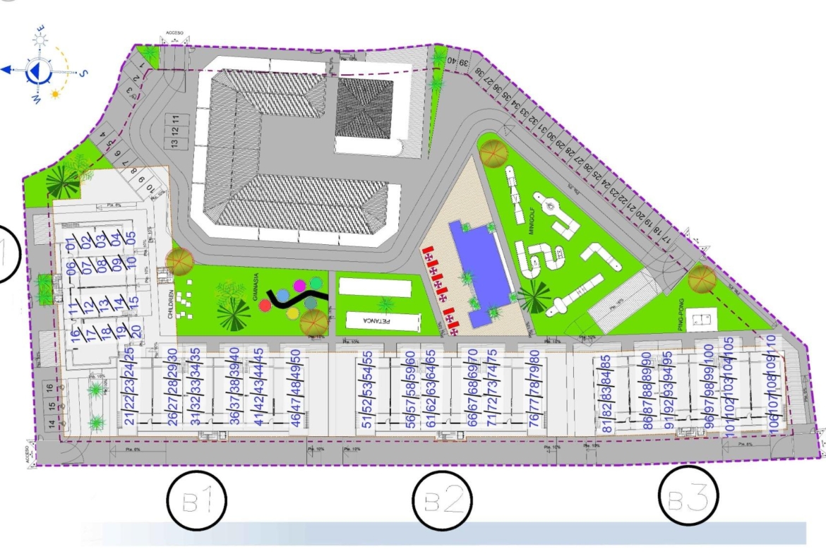 Master plan layout showing landscaped gardens, parking, playground, and residential blocks of luxury 2-bedroom apartments in El Raso, Guardamar del Segura.