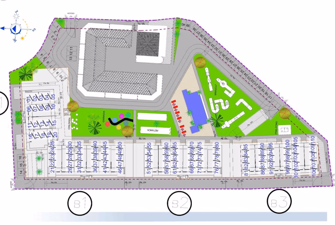 Modern-Furnished-Apartments-in-El-Raso-Guardamar-Contemporary-Living-Near-the-Beach-and-Golf-8 Aerial site plan showing landscaped gardens, playground, and parking for versatile new build 3-bedroom ground floor apartments in El Raso, Guardamar del Segura.