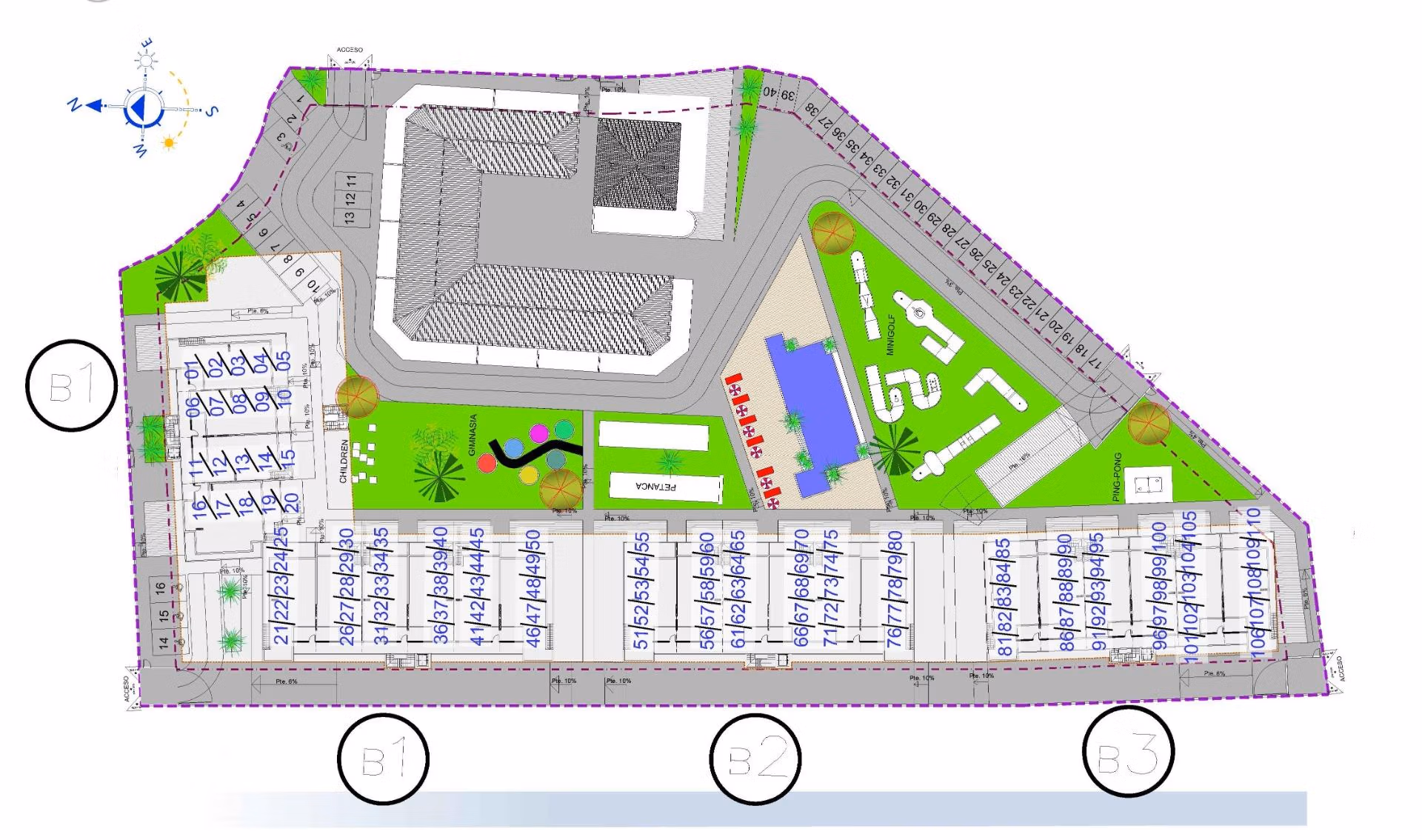 Modern-Furnished-Apartments-in-El-Raso-Guardamar-Contemporary-Living-Near-the-Beach-and-Golf-8 Aerial site plan showing landscaped gardens, playground, and parking for versatile new build 3-bedroom ground floor apartments in El Raso, Guardamar del Segura.