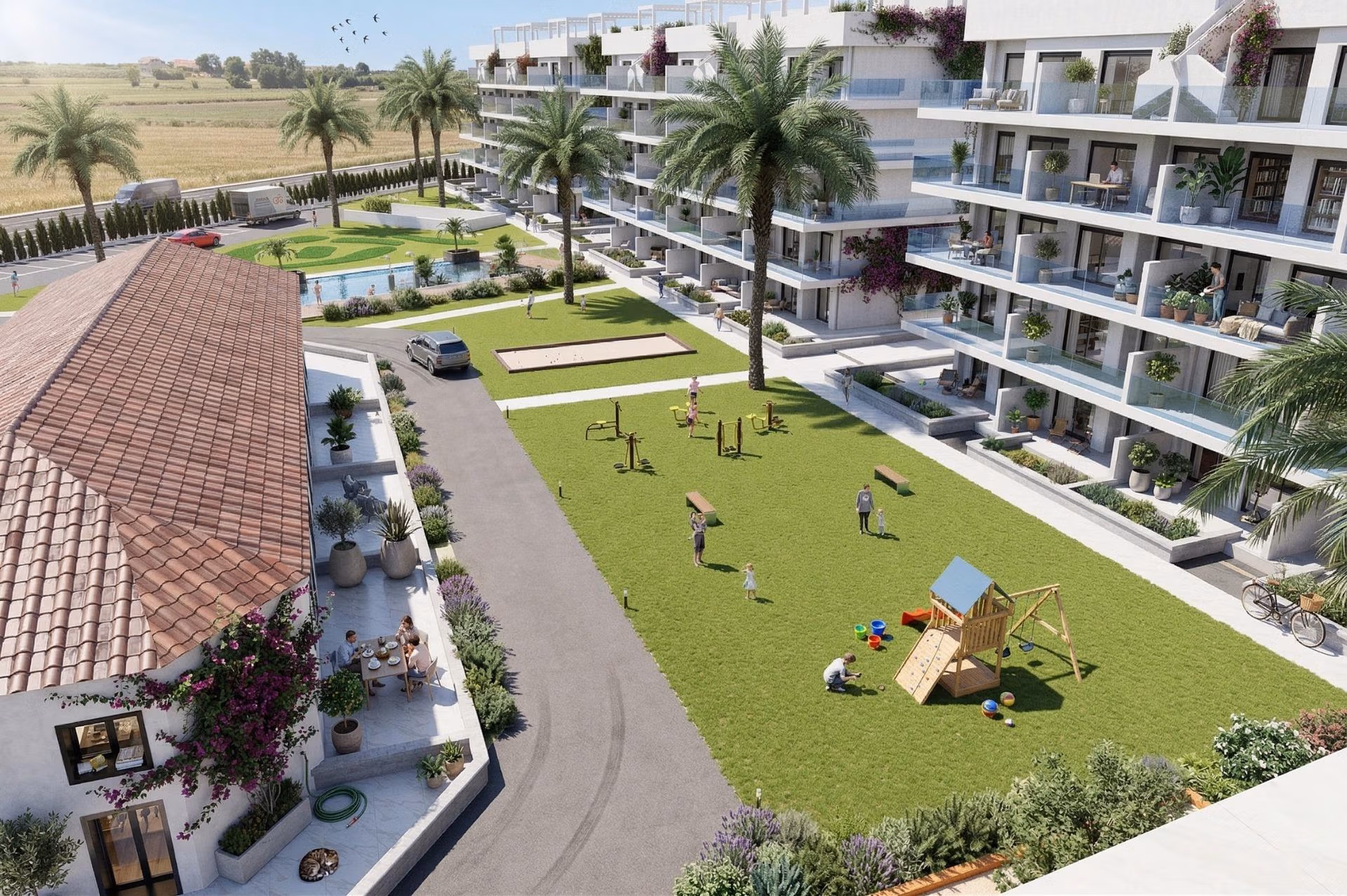 Nowoczesne umeblowane apartamenty w El Raso-Guardamar, współczesne życie blisko plaży i golfa Spacious sunlit garden i modern playground area w a versatile 3-bedroom parter apartment complex w El Raso, Guardamar del Segura.