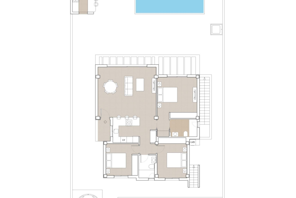 Elegant floor plan of spacious 5-bedroom luxury villa in Polop de la Marina featuring open living areas and private pool terrace.