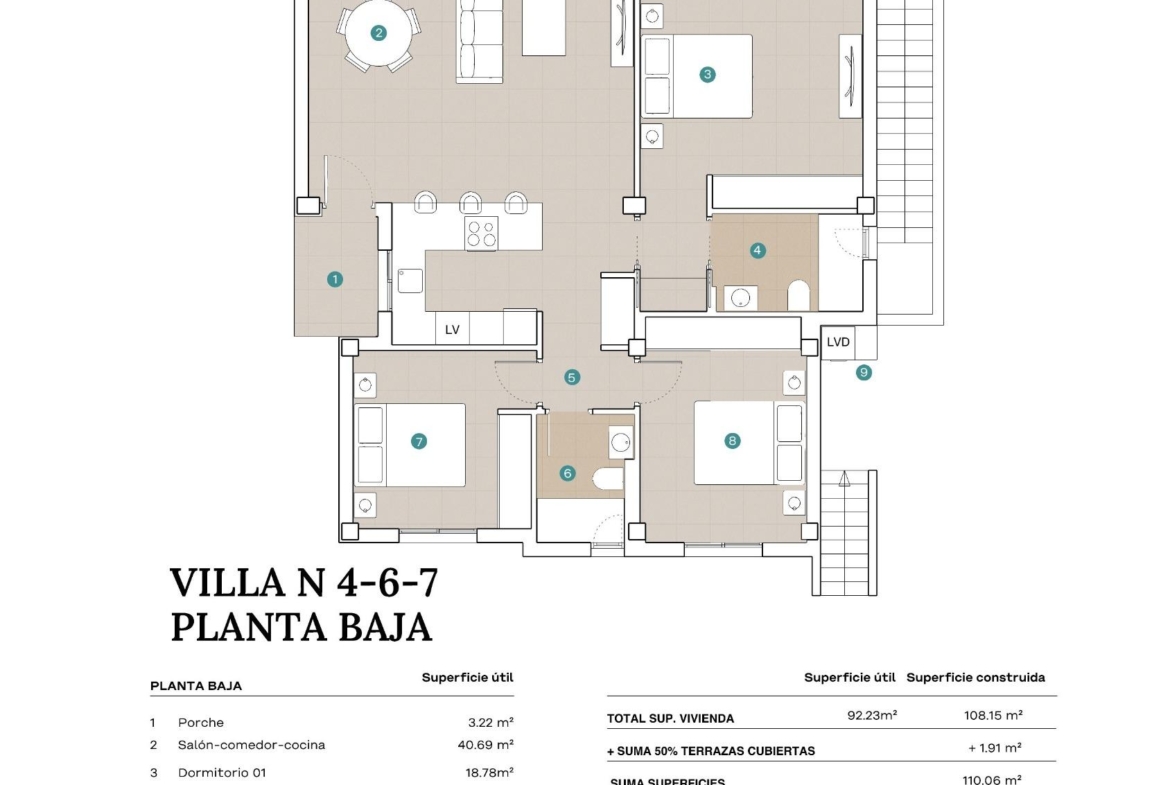 Open-plan ground floor layout of spacious luxury 5-bedroom villa in Polop de la Marina with modern kitchen and bright living area.