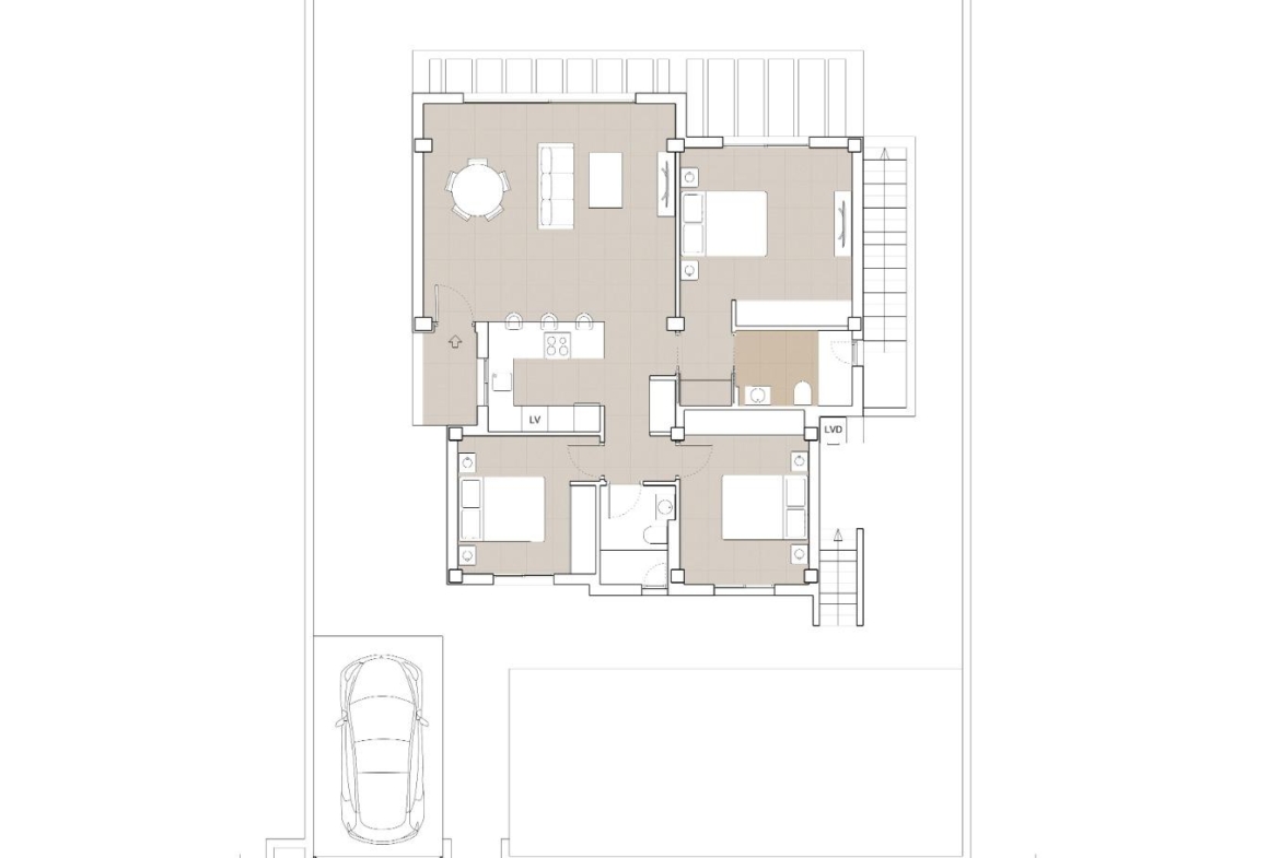 Floor plan of spacious luxury 5-bedroom villa in Polop de la Marina with open living areas, modern kitchen, pool, and outdoor terrace.