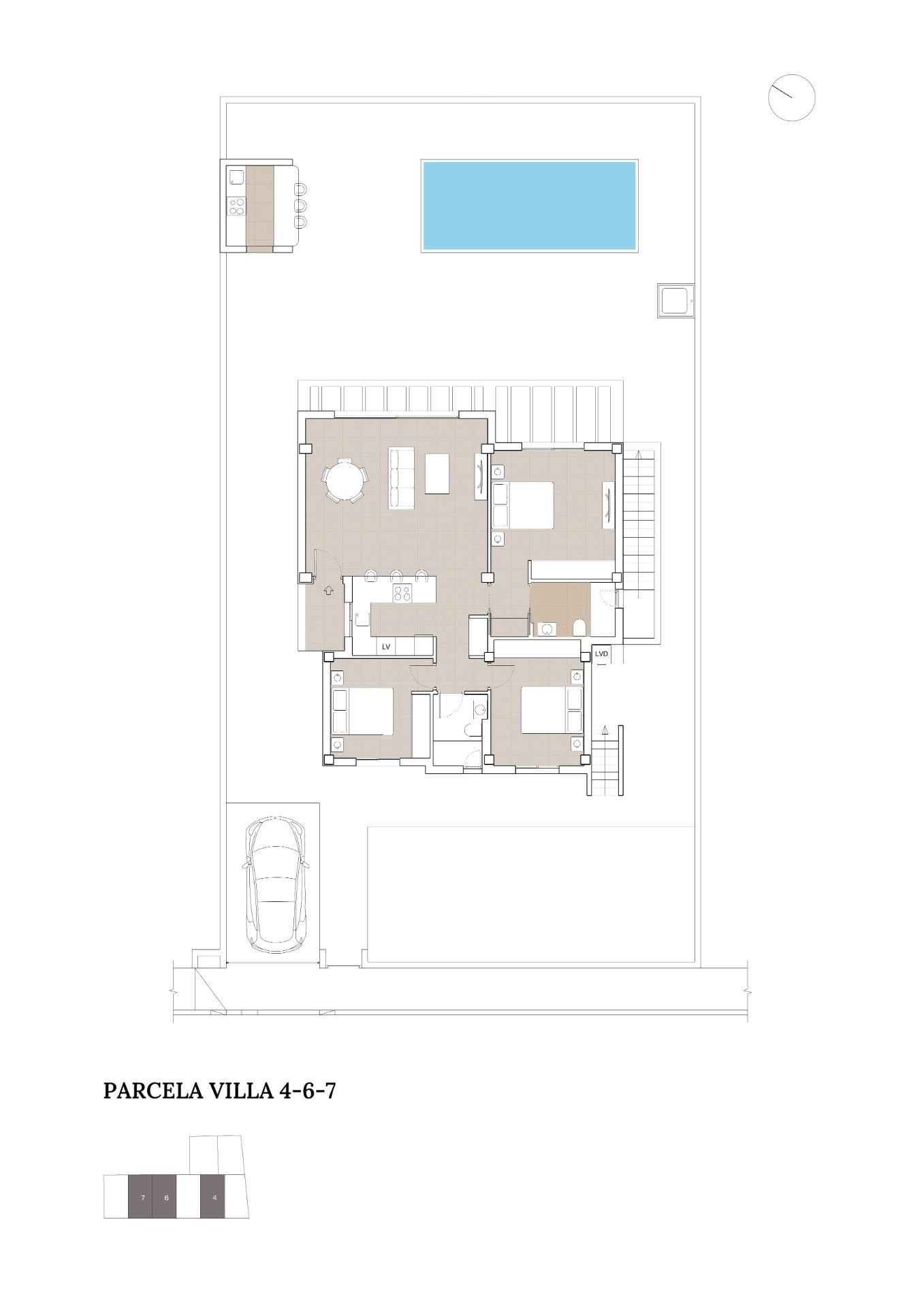 Floor plan of spacious luxury 5-bedroom villa in Polop de la Marina with open living areas, modern kitchen, pool, and outdoor terrace.