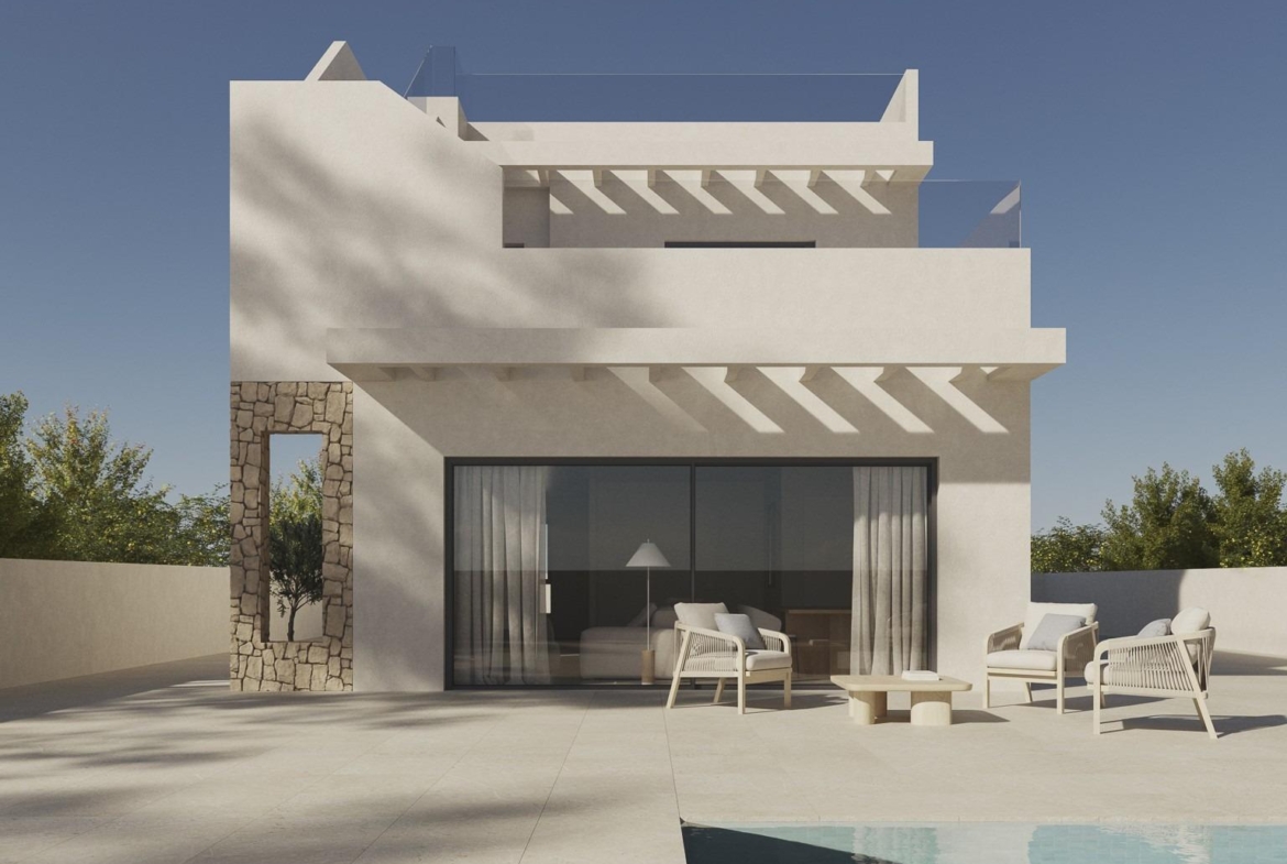 Modern spacious 5-bedroom villa exterior in Polop de la Marina with sunlit terrace, sleek pool, and serene mountain views.