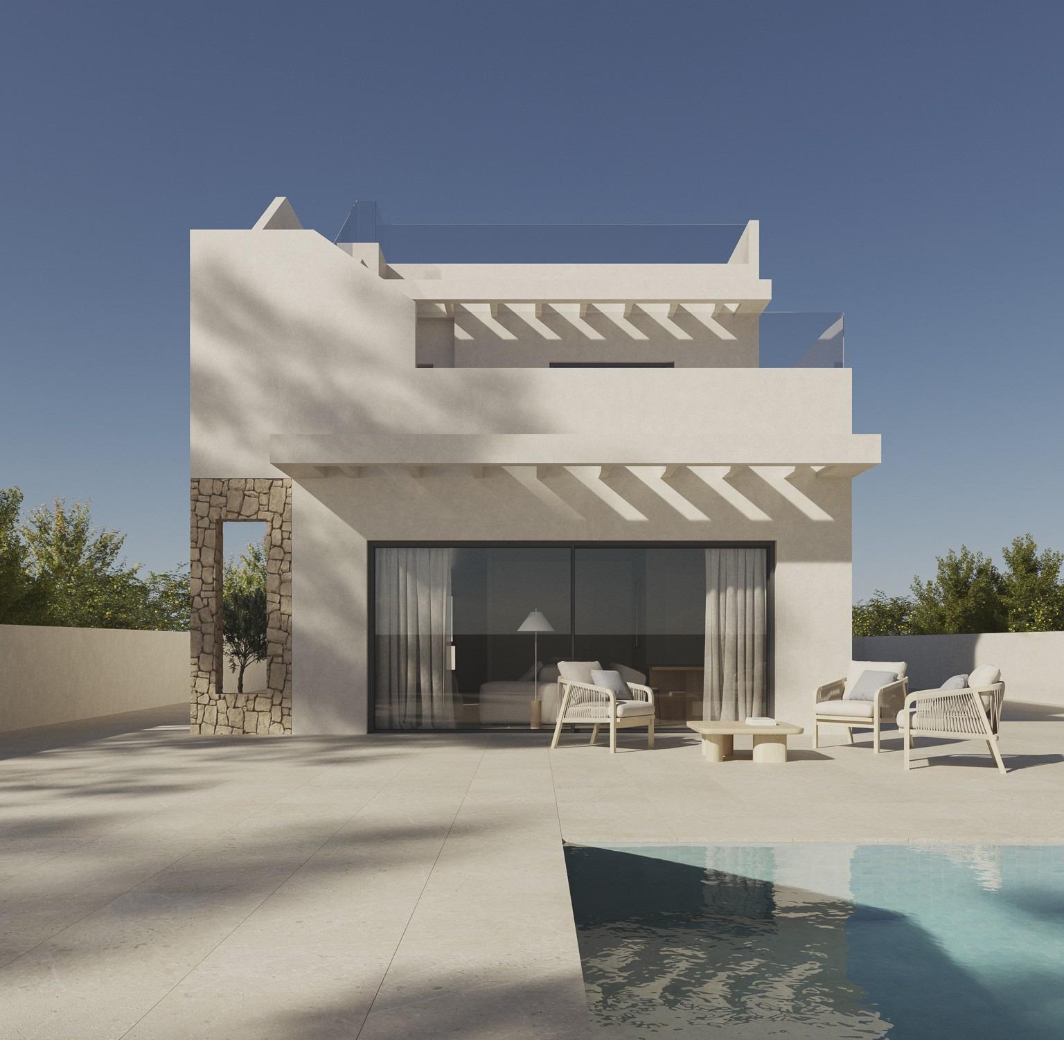 Modern spacious 5-bedroom villa exterior in Polop de la Marina with sunlit terrace, sleek pool, and serene mountain views.