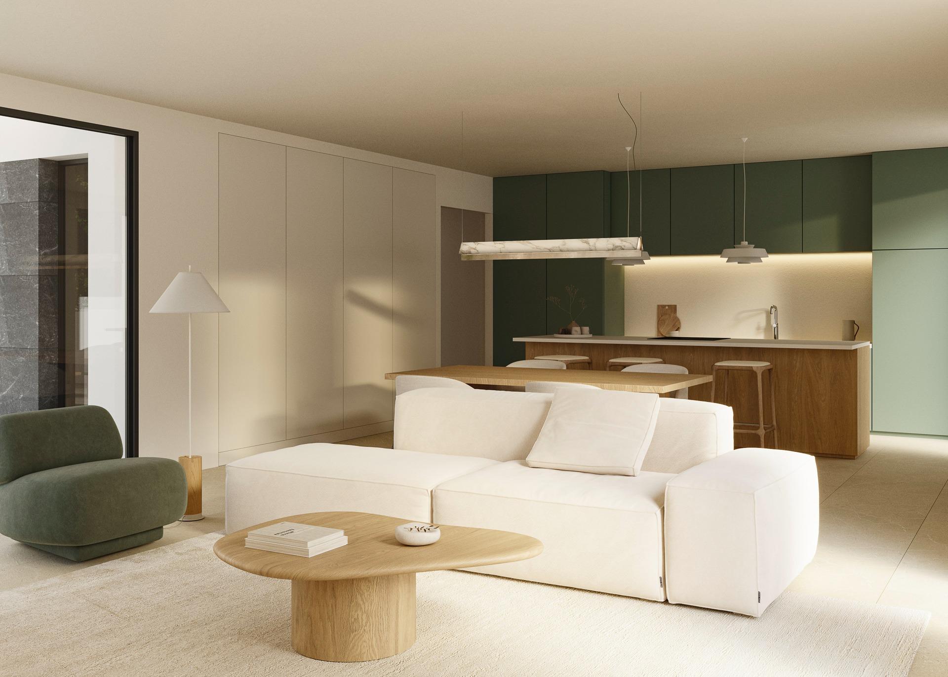 Bright, modern open-plan living area with elegant kitchen and cozy seating in luxury 5-bedroom villa in Polop de la Marina.