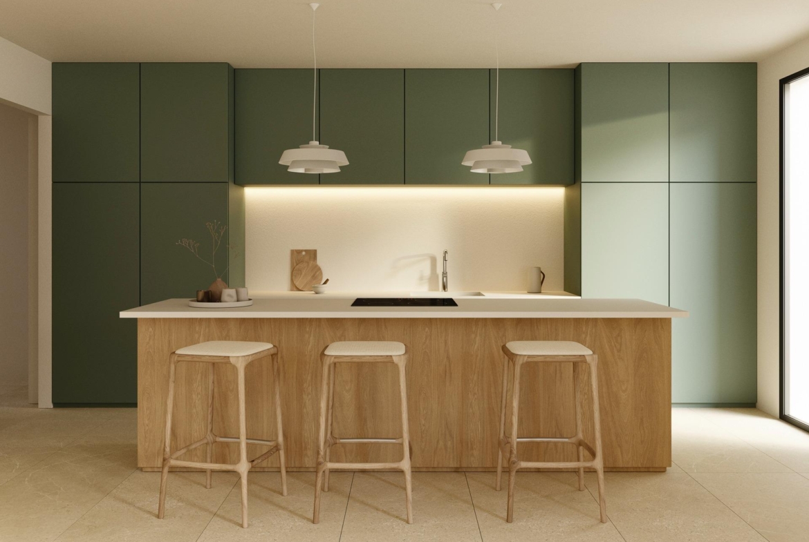 Modern, sun-drenched kitchen with sleek cabinetry and natural wood island in spacious luxury 5-bedroom villa, Polop de la Marina