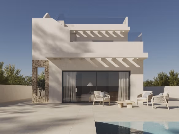 Modern luxury 4-bedroom villa in Polop de la Marina featuring a spacious sunlit terrace with stylish outdoor seating and a private pool.