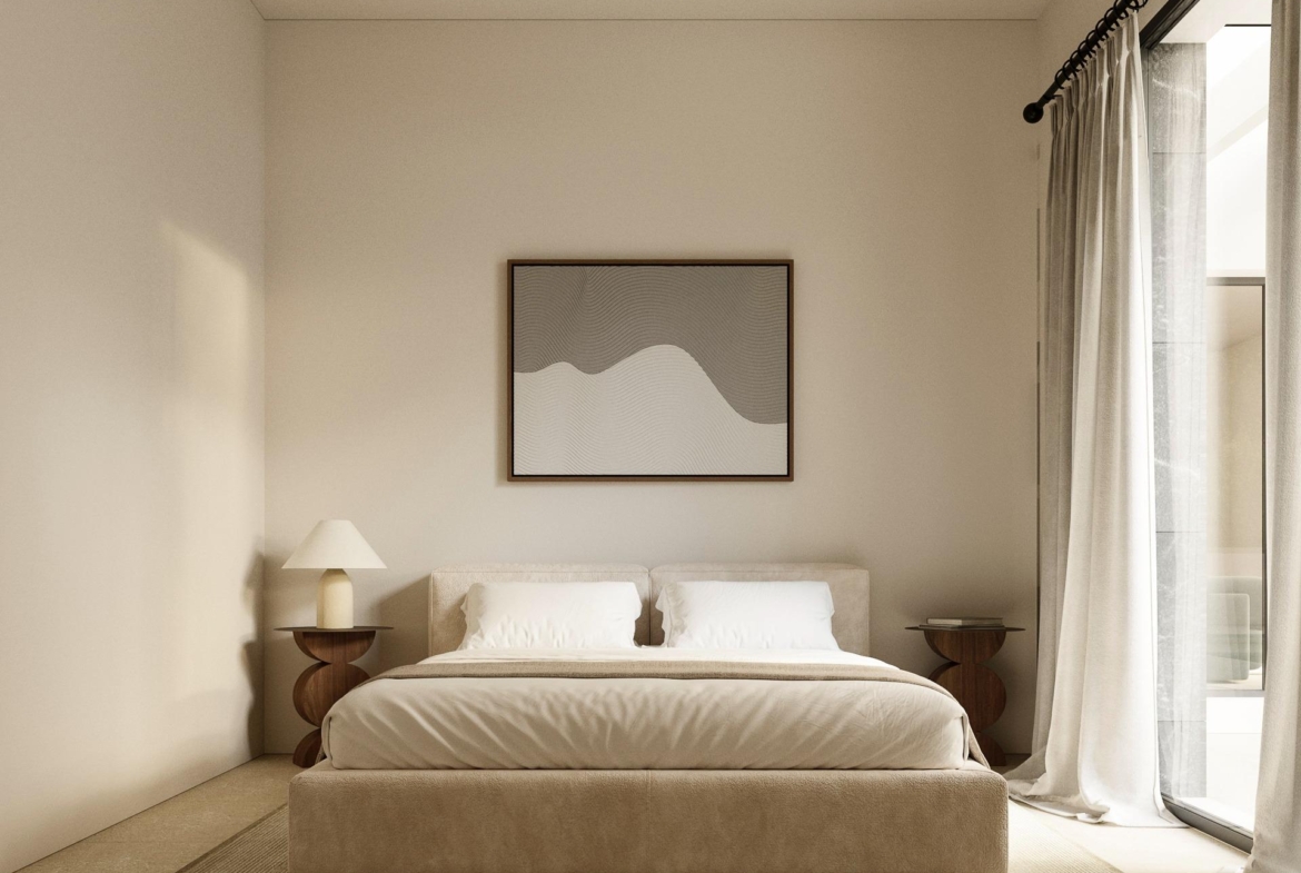 Elegant spacious bedroom with soft natural light and floor-to-ceiling curtains in luxury 5-bedroom villa in Polop de la Marina