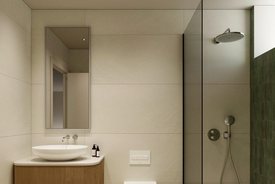 Modern, elegant bathroom with walk-in shower and floating vanity in spacious luxury 5-bedroom villa in Polop de la Marina