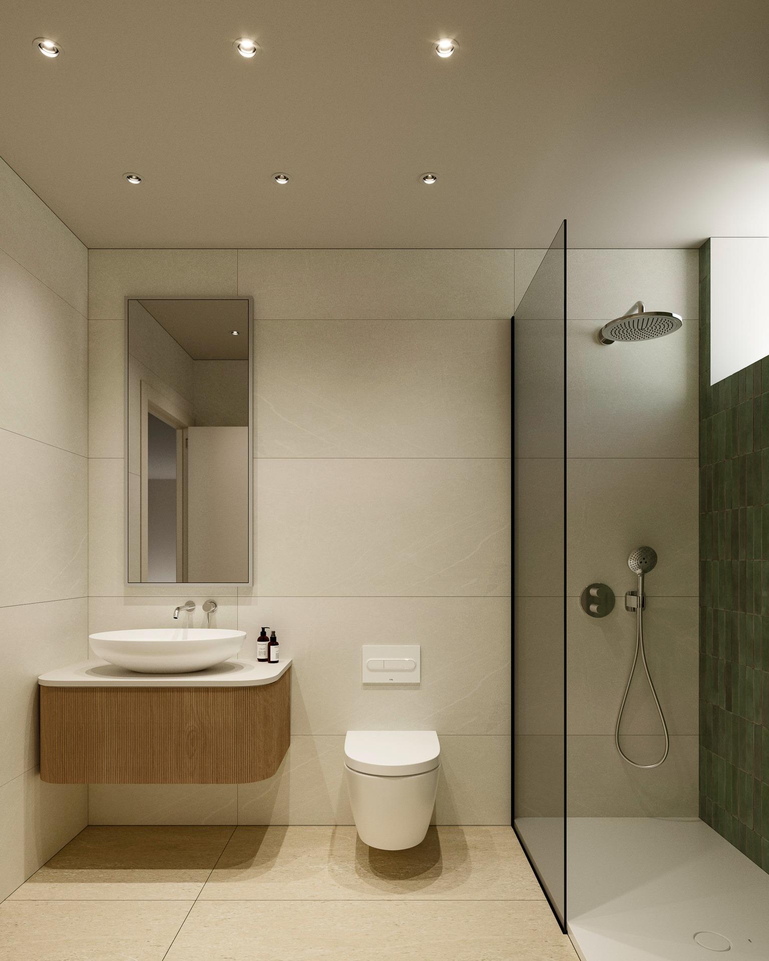 Modern, elegant bathroom with walk-in shower and floating vanity in spacious luxury 5-bedroom villa in Polop de la Marina