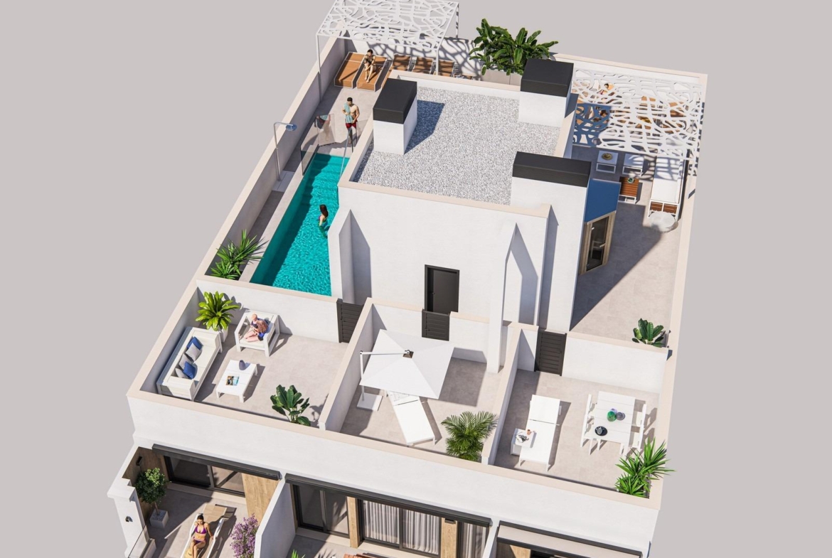 Sun-drenched modern new build 2-bedroom ground floor apartment in Torrevieja with private terrace, patio, and sleek pool area.
