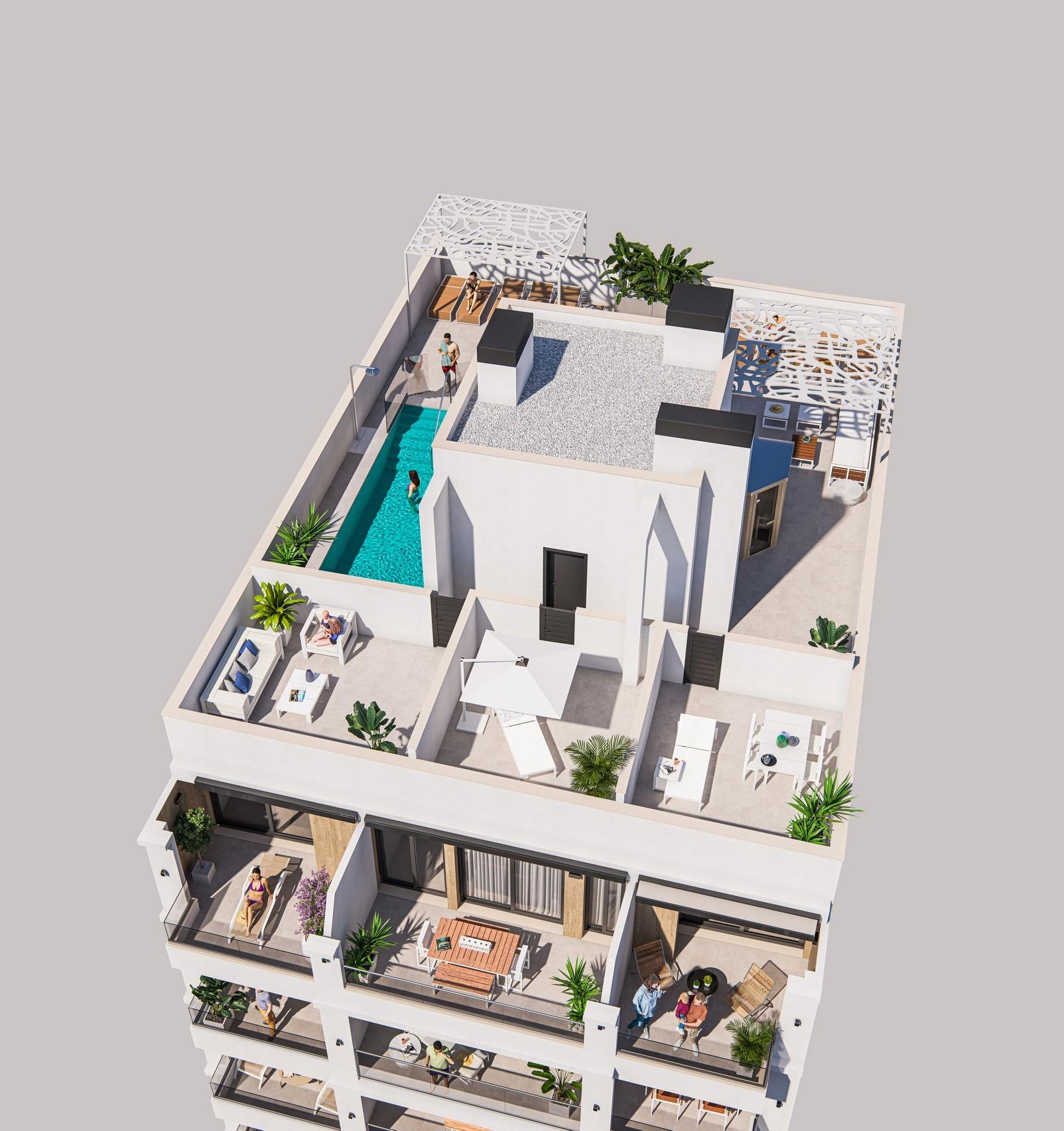 Sun-drenched modern new build 2-bedroom ground floor apartment in Torrevieja with private terrace, patio, and sleek pool area.