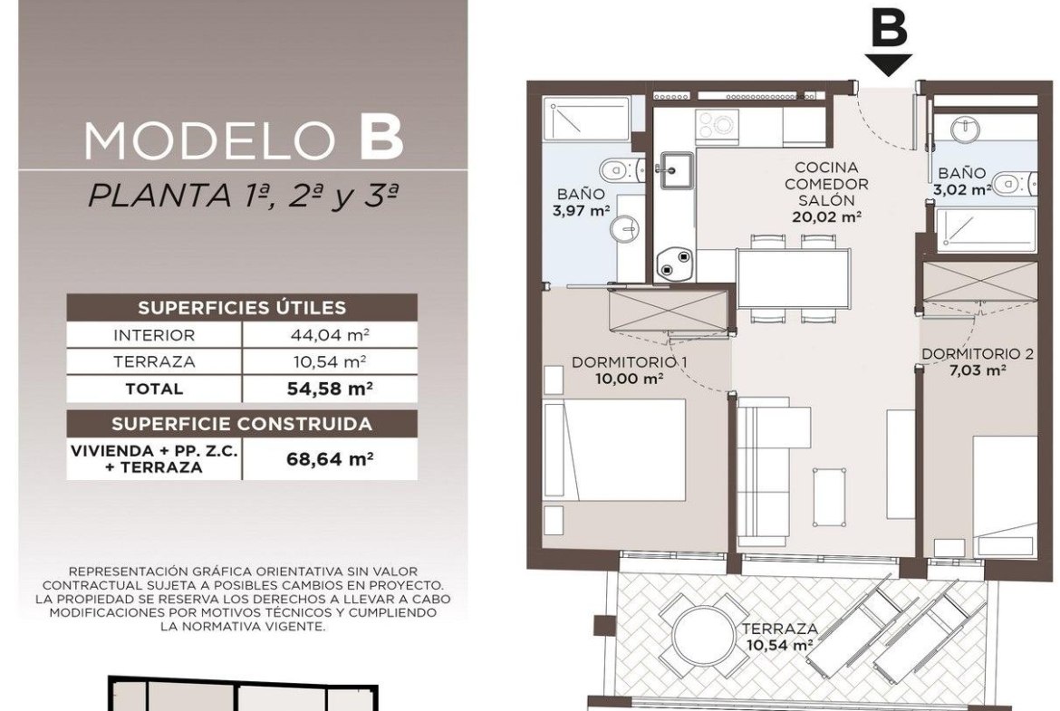 Modern, bright 2-bedroom apartment floor plan with spacious balcony in stylish new build, Torrevieja near Playa del Cura.