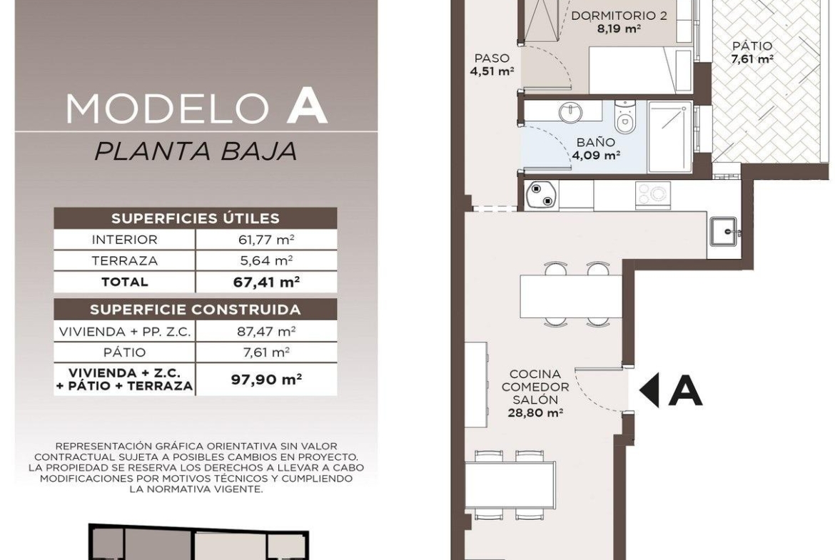 Bright modern ground floor 2-bedroom apartment floor plan with terrace and patio in stylish Torrevieja near Playa del Cura