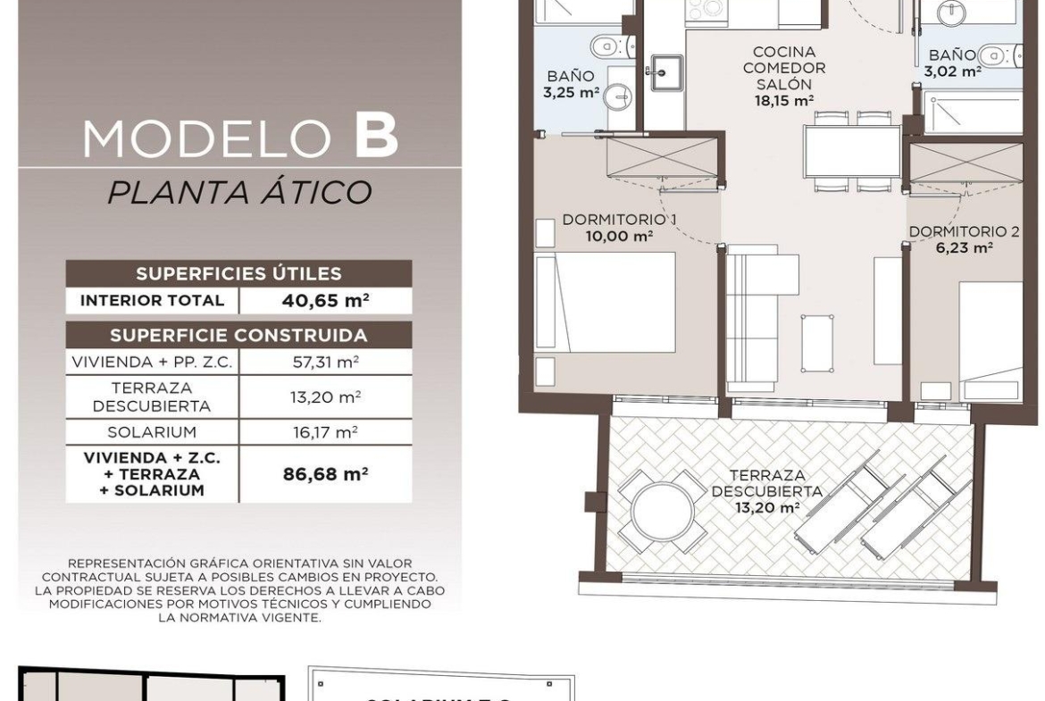 Modern and bright 2-bedroom penthouse floor plan with spacious terrace and private solarium in exclusive Torrevieja location.