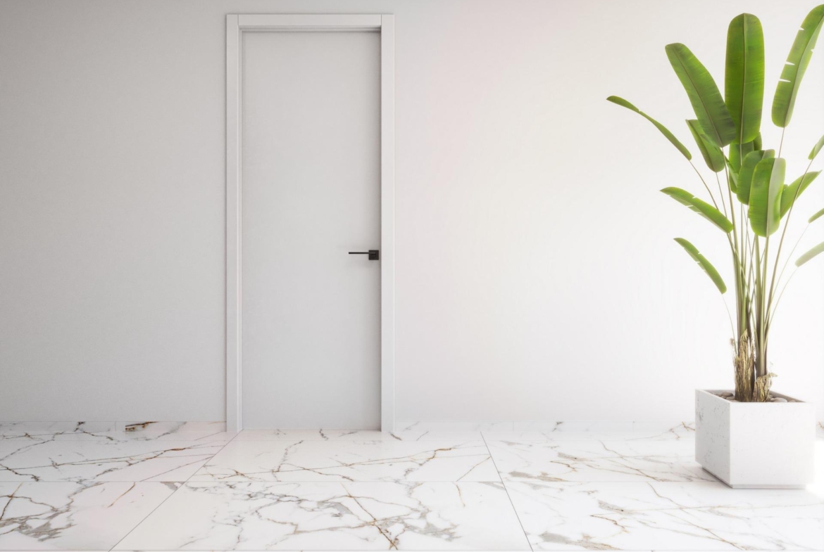 Minimalist bright interior with elegant marble flooring and modern door in exclusive 2 bedroom penthouse, Torrevieja.