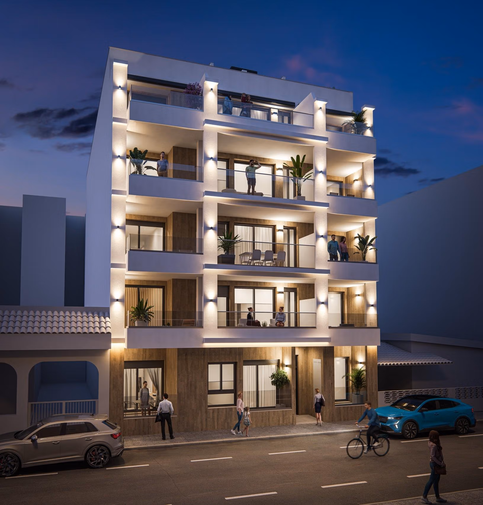 Nowoczesny, efektownie oświetlony budynek z apartamentami z 2 sypialniami i przestronnymi balkonami w stylowej Torrevieja, kilka kroków od Playa del Cura.
