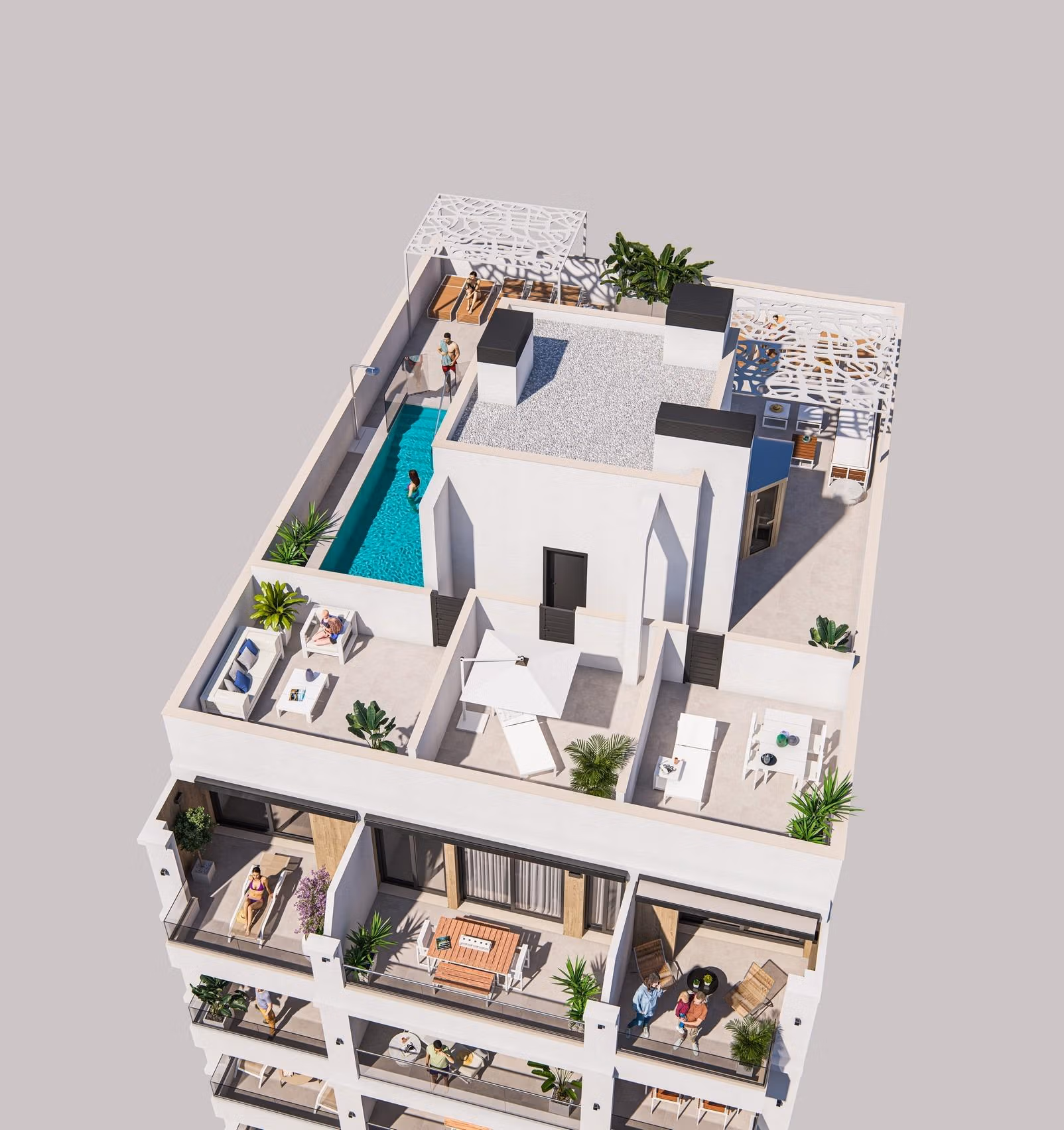 Nowoczesny ekskluzywny penthouse z 2 sypialniami w Torrevieja, prywatnym słonecznym solarium, basenem i przestronnymi tarasami.