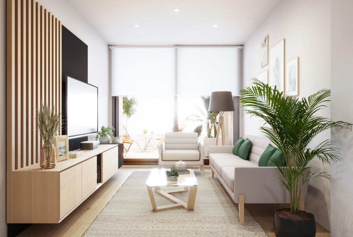 Bright and modern living room with sleek furnishings in exclusive 2 bedroom penthouse near Playa del Cura, Torrevieja.