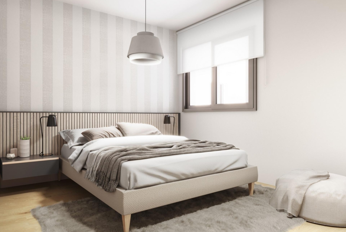 Bright modern bedroom with cozy bed, stylish lighting, and serene decor in a 2-bedroom ground floor apartment in Torrevieja.