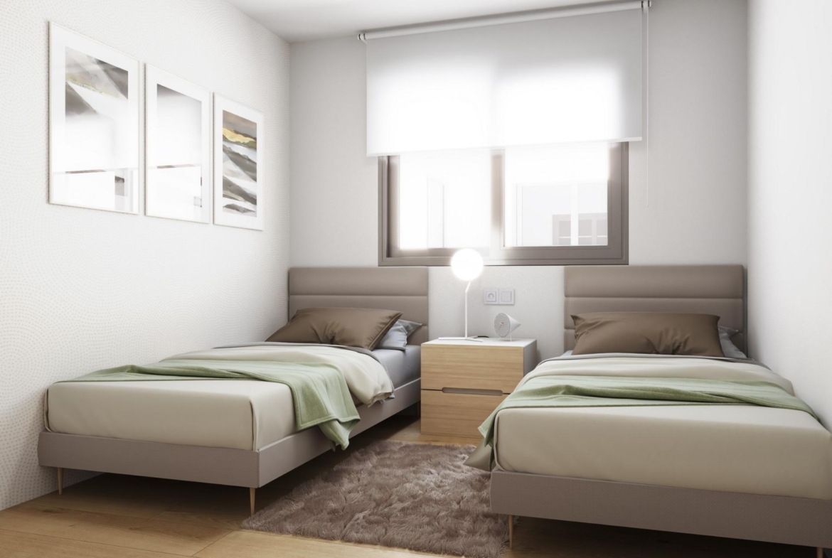 Bright and modern 2-bedroom penthouse bedroom in Torrevieja with soft natural light and elegant minimalist design.