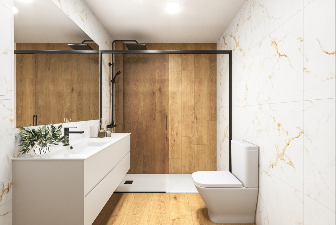 Modern luxury bathroom with elegant wood-paneled shower and marble walls in exclusive Torrevieja 2-bedroom penthouse.