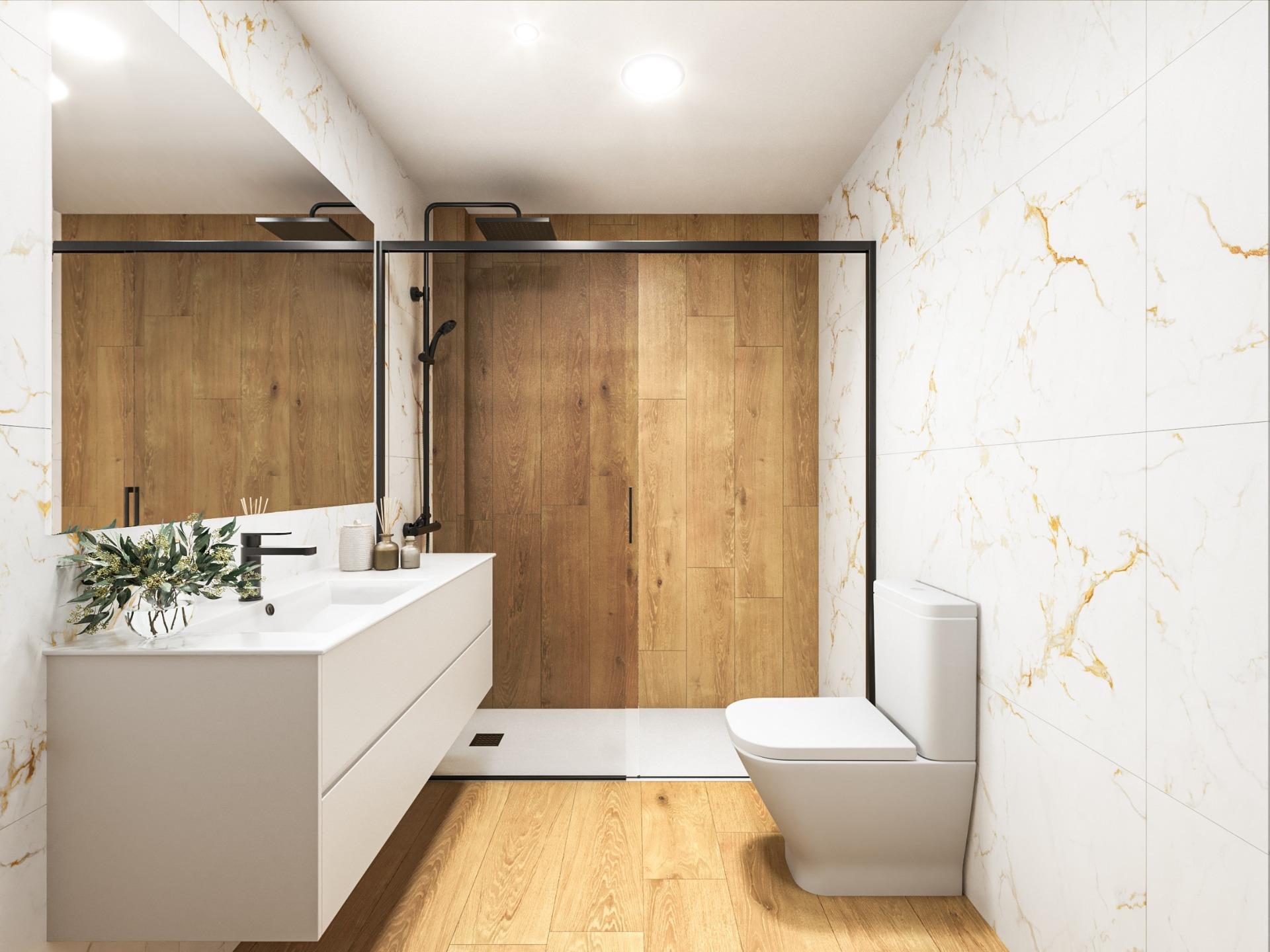 Modern luxury bathroom with elegant wood-paneled shower and marble walls in exclusive Torrevieja 2-bedroom penthouse.