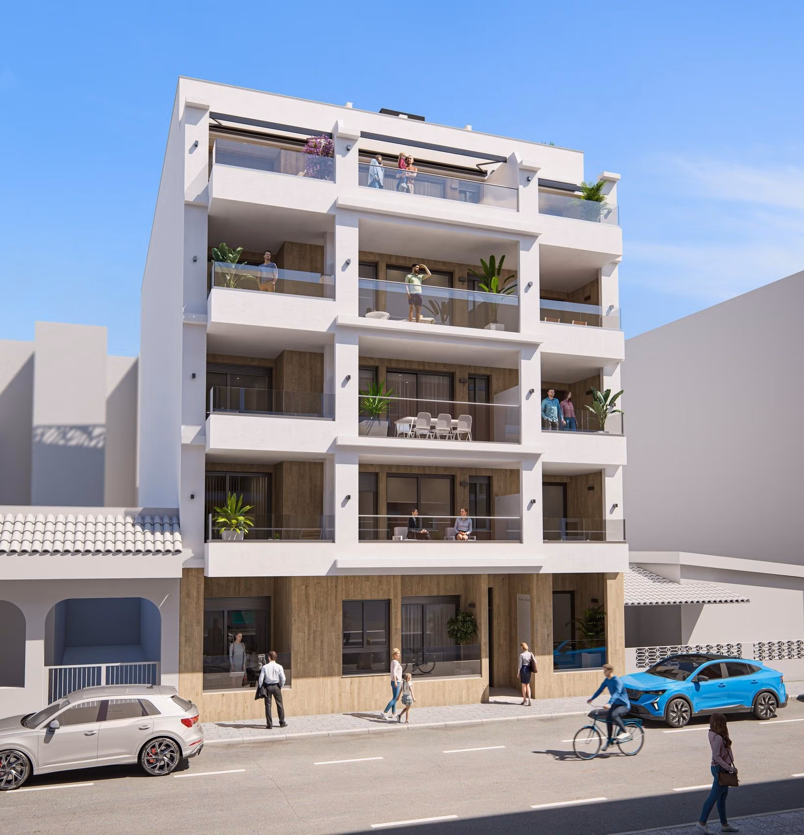 Nowoczesny nowy budynek z apartamentami z 2 sypialniami w Torrevieja, przestronnymi prywatnymi tarasami i eleganckim współczesnym designem pod czystym błękitnym niebem.