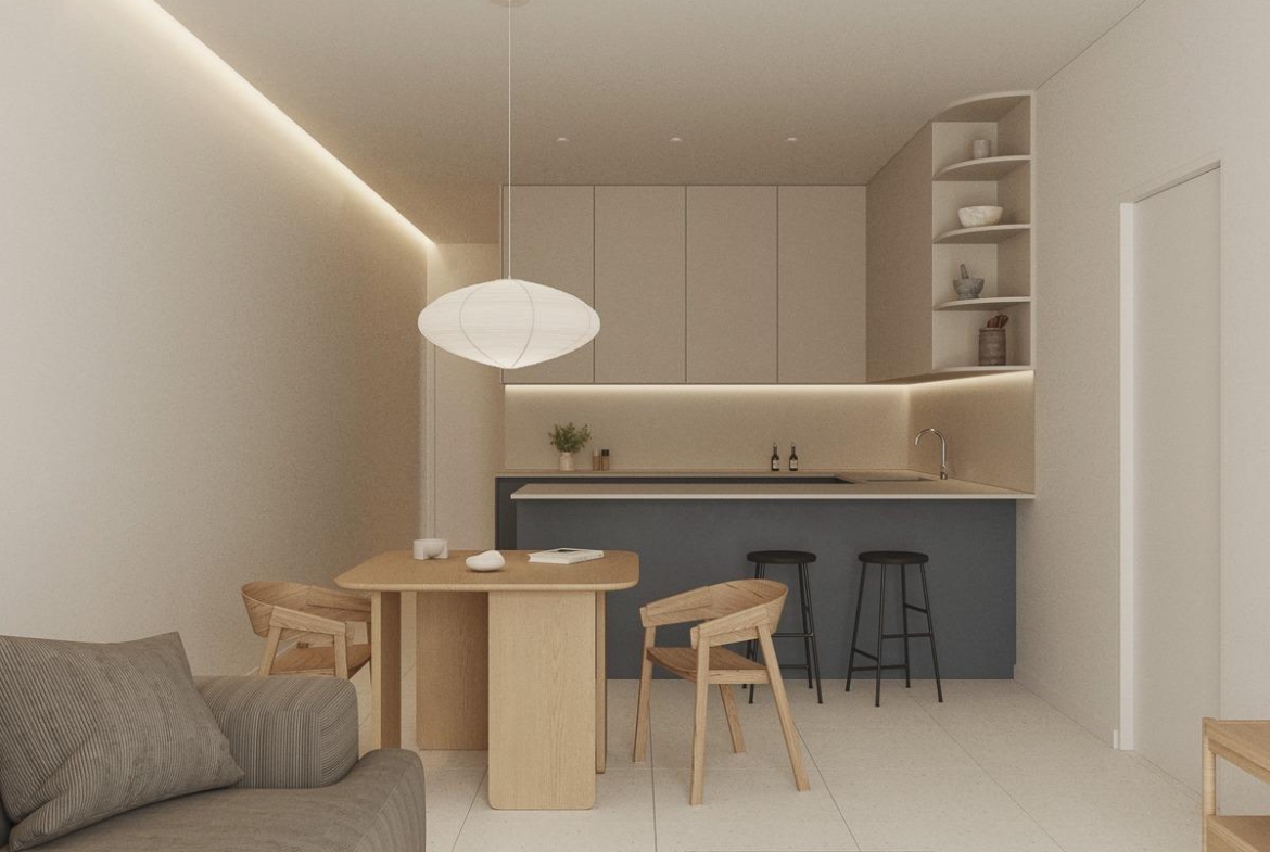 Bright modern open-plan living and kitchen area in spacious 2-bedroom apartment, Central Torrevieja new build near the sea.