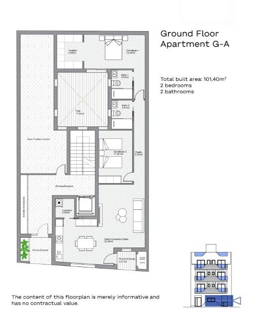 Detailed floor plan of a spacious 2-bedroom new build apartment in central Torrevieja, highlighting open living areas and terraces.