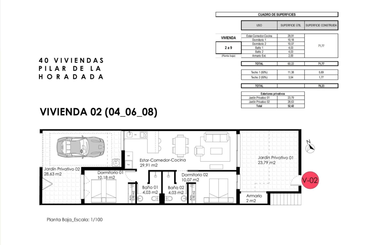 Bright open-plan floor plan of modern new build bungalow with two bedrooms and private gardens in Pilar de la Horadada